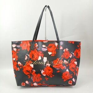 Victoria's Secret Tote Bag Women Large Black Red Rose Floral PVC 2019
